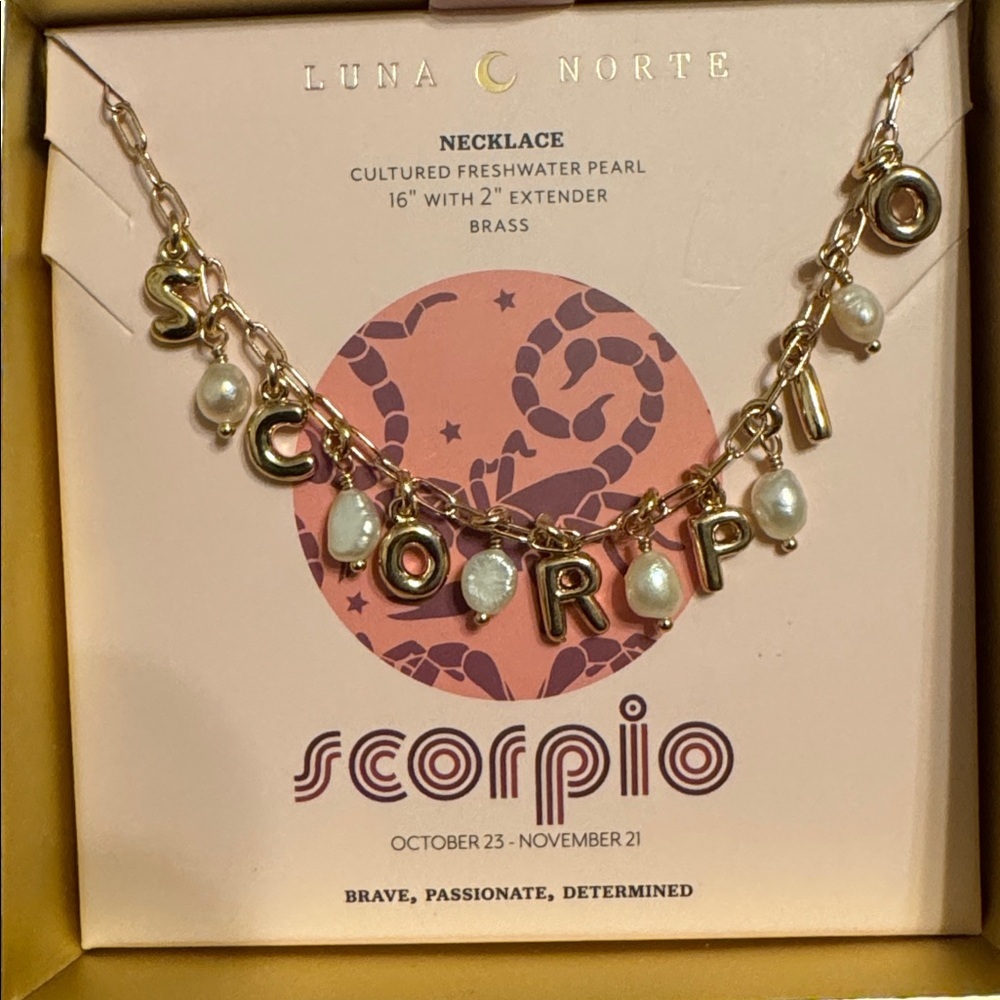 NWT LUNA NORTE Scorpio Gold Tone Astrological Pearl Letter Necklace w/ Gift Box - Picture 4 of 6